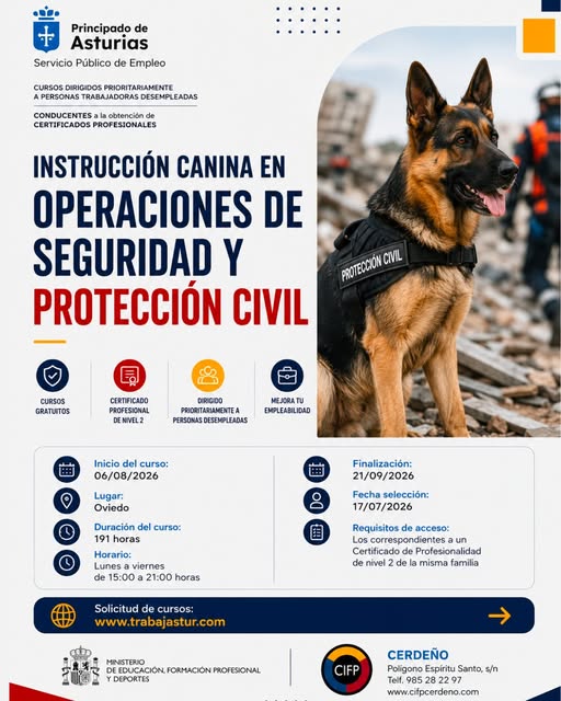 CURSO 2026-1326: INSTRUCTOR PERROS DE SEGURIDAD Y PROTECCION CIVIL (MF1756_3)